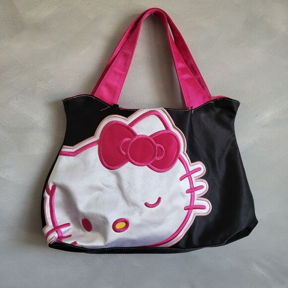 Black Hello Kitty Purse Large Tote Shoulder Bag with Pink flower Sanrio 2010 - Picture 1 of 10